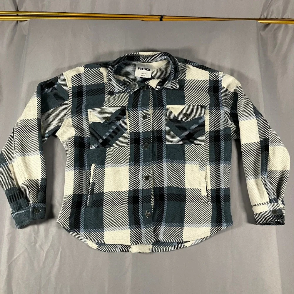 RSQ Mens Blue Black White Plaid Flannel Shirt Jacket Shacket Medium